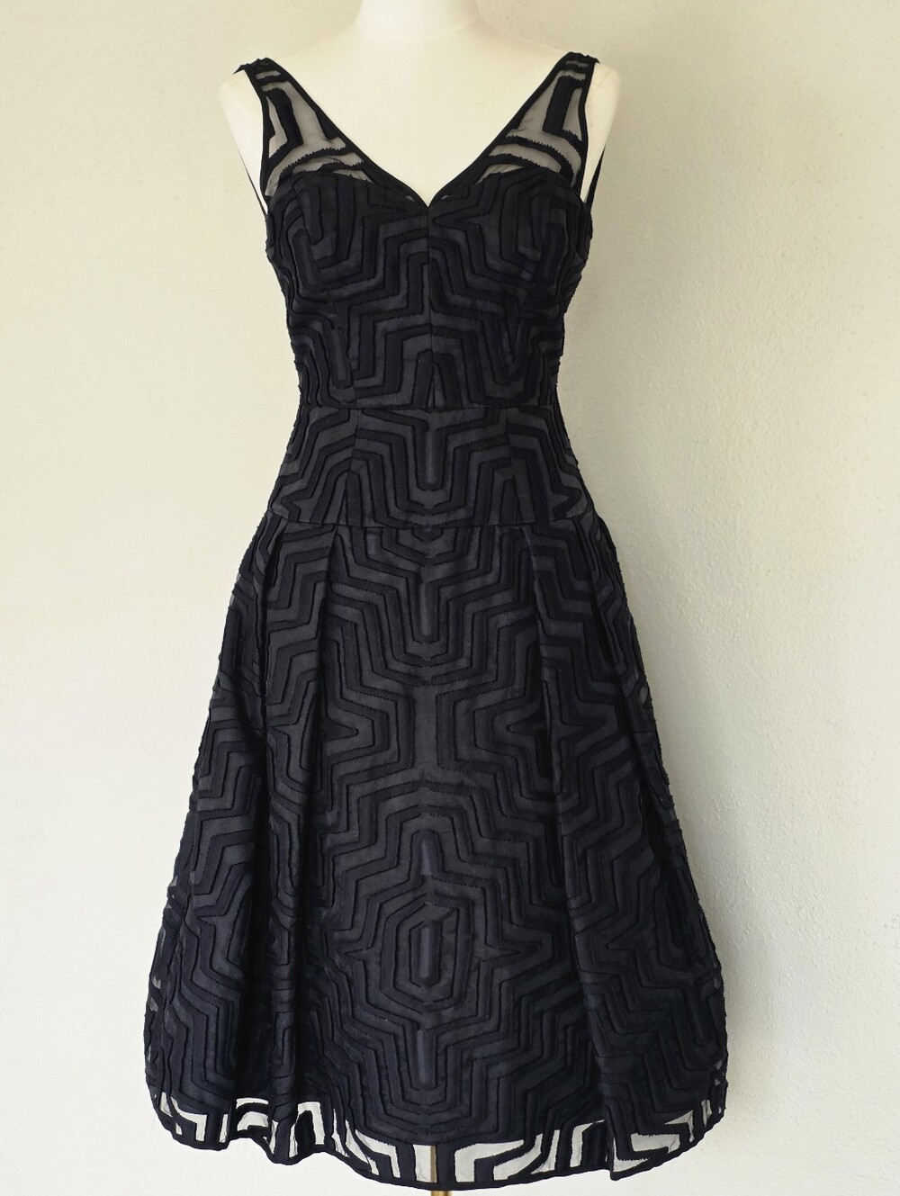 MILLY Black Geometric Labyrinth A-Line Cocktail Dress | Size 2